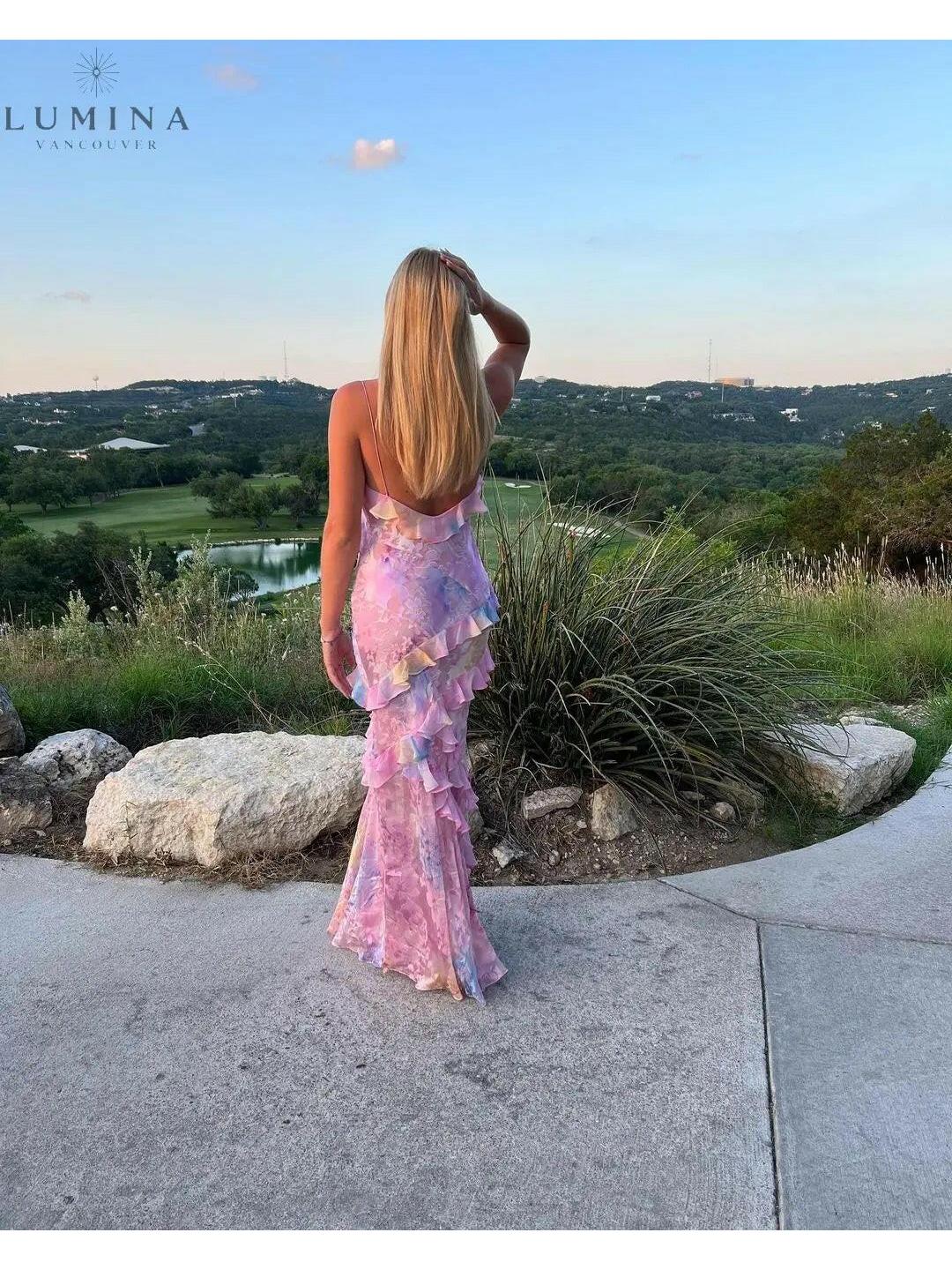 Pink Darcel sleeveless long dress by Lumina Vancouver, perfect for wedding guests, shown on a model.