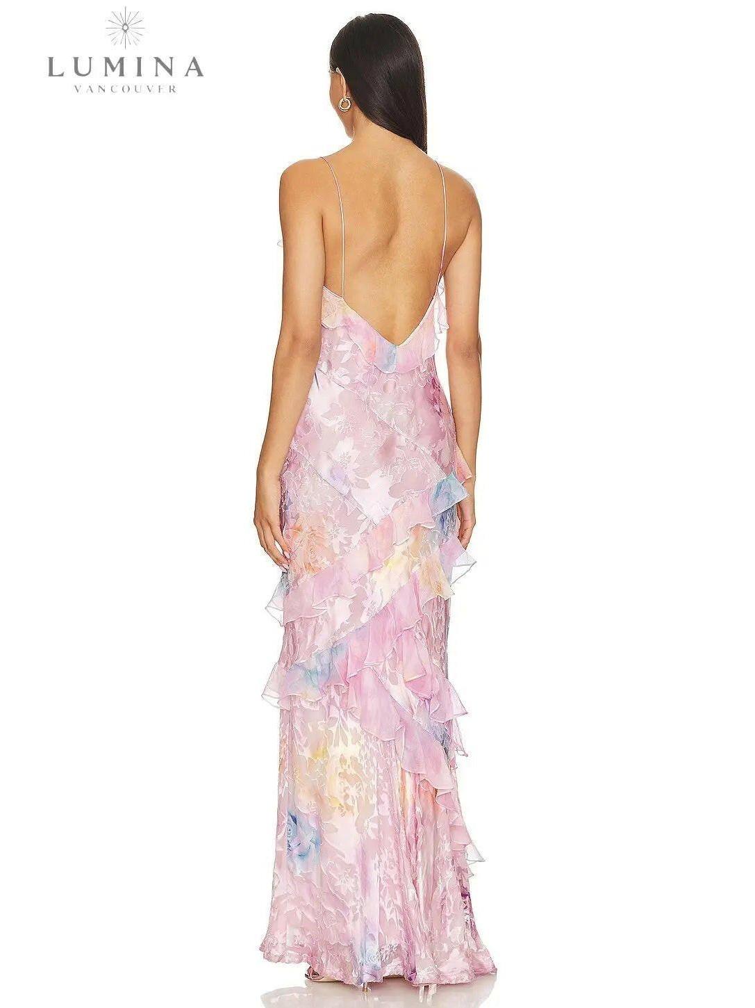Pink Darcel sleeveless long dress by Lumina Vancouver, elegant wedding guest attire with a flowing silhouette and stylish design.