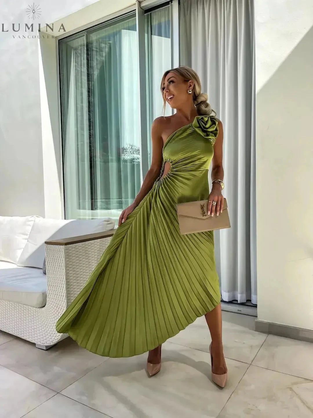 Dariella green one-shoulder romantic flower wedding guest dress by Lumina Vancouver, elegant floral design for special occasions.