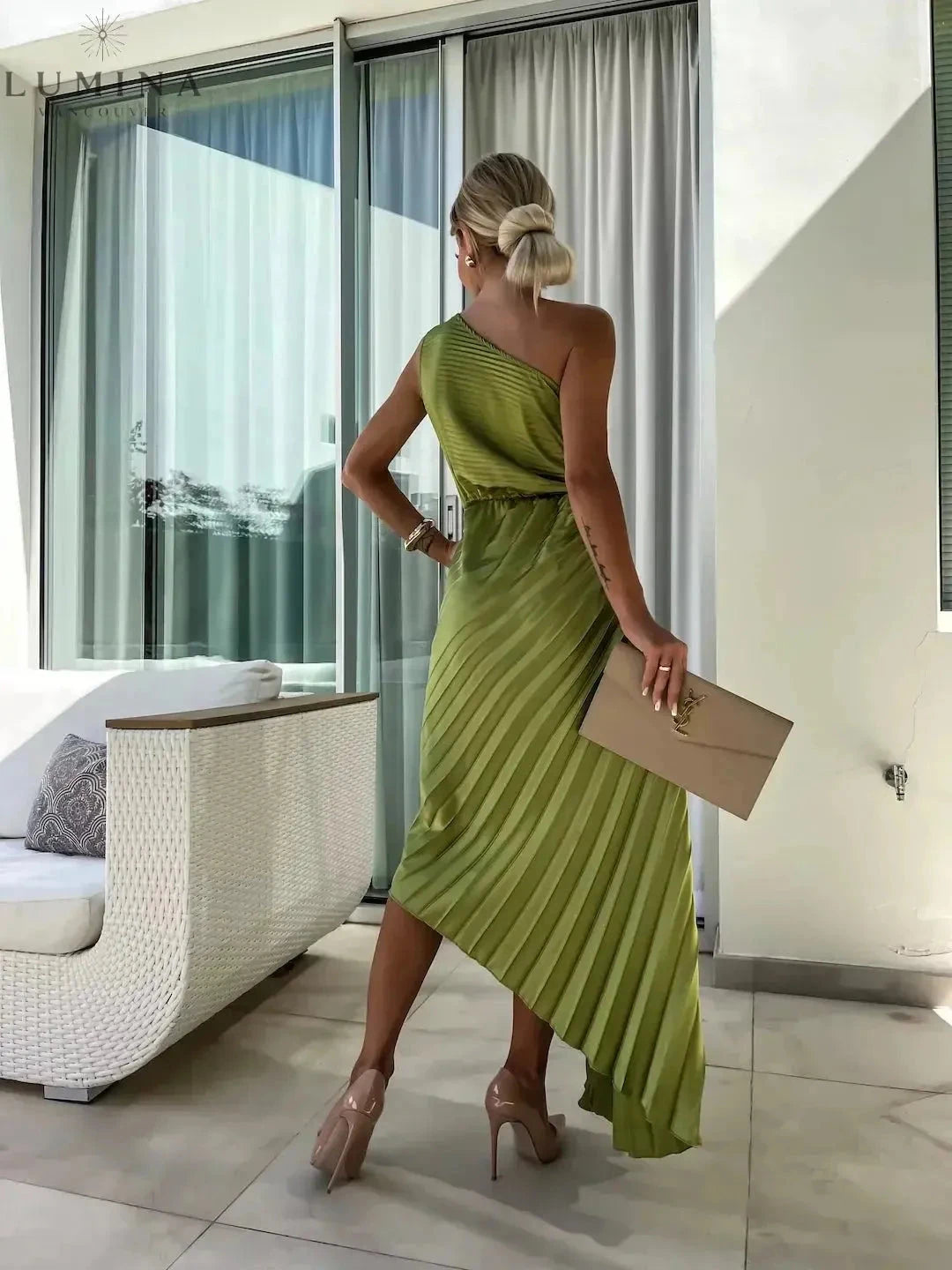 Green Dariella Romantic Flower One Shoulder Dress by Lumina Vancouver, perfect for wedding guests, featuring elegant floral details.