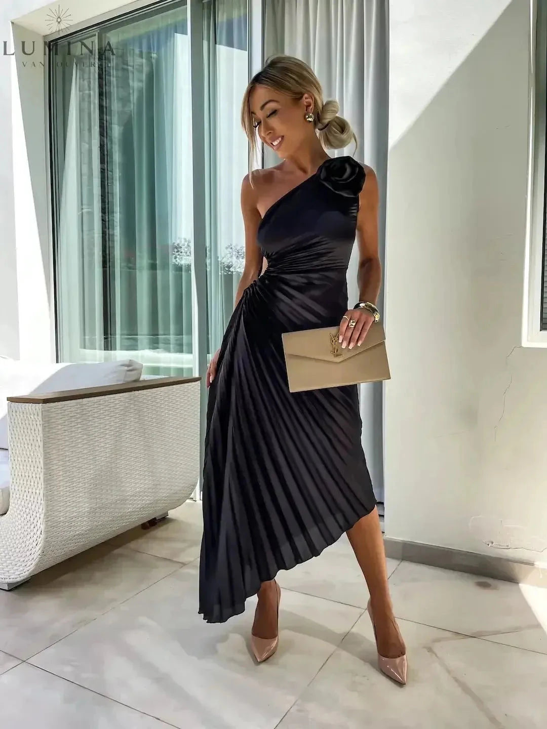 Dariella Romantic Flower One Shoulder Dress in green, stylish wedding guest dress by Lumina Vancouver featuring floral design.