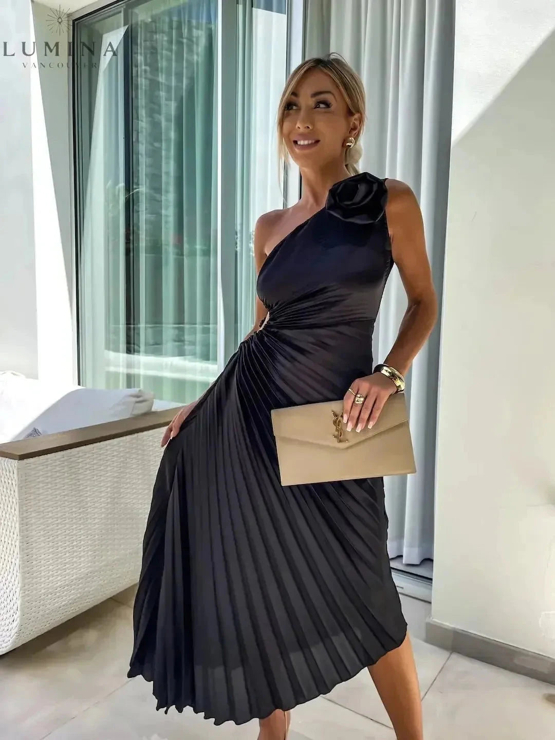 Dariella Romantic Flower One Shoulder Dress in green, wedding guest dress by Lumina Vancouver, with floral pattern and elegant design