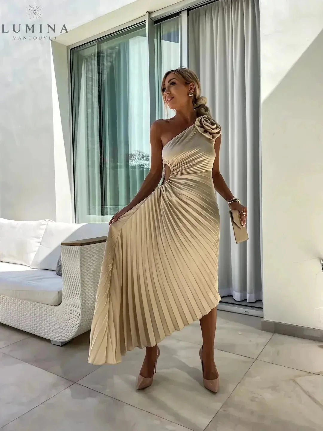 Green Dariella Romantic Flower one-shoulder dress by Lumina Vancouver, perfect for wedding guests, featuring floral details and elegant design.