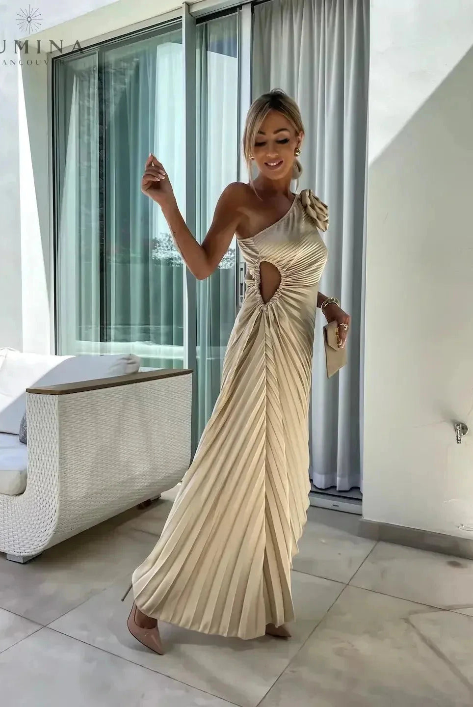 Green Dariella Romantic Flower One Shoulder Dress by Lumina Wear, elegant dress with floral pattern, perfect for wedding guests.