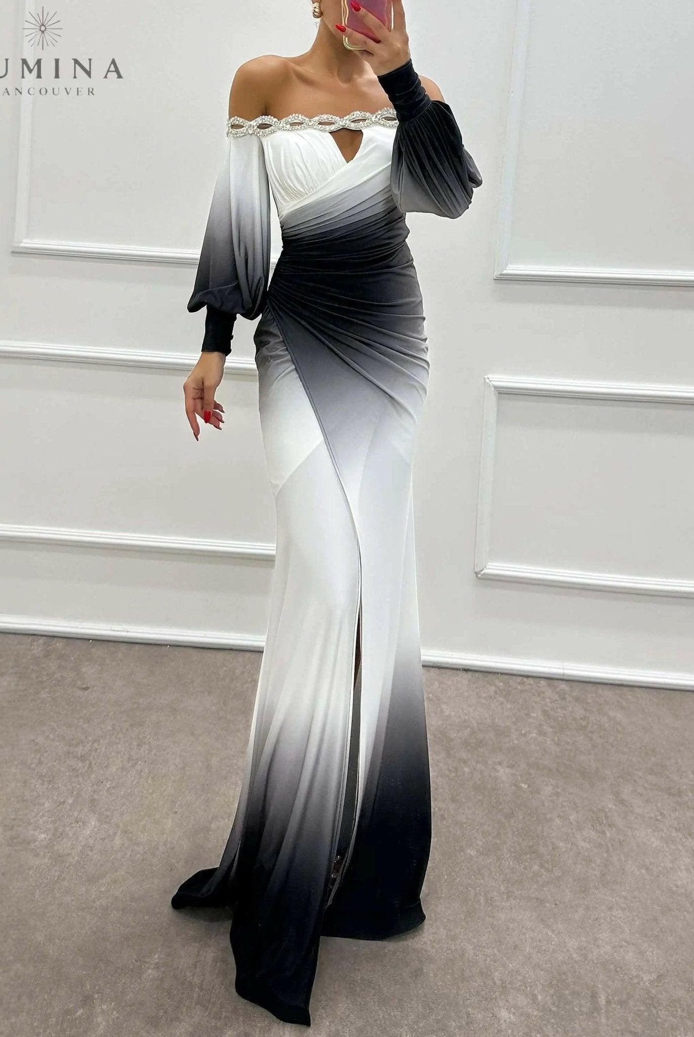 Delia gradient off-shoulder evening dress by Lumina Vancouver, perfect for wedding guests, shown in elegant fabric and style.