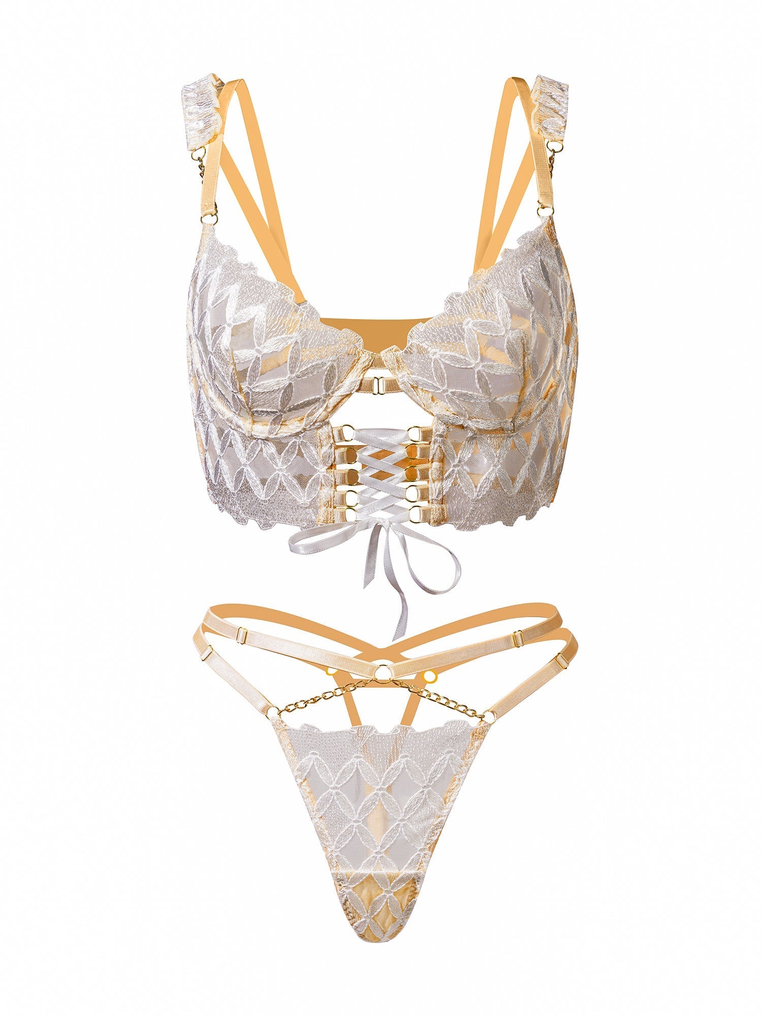 White embroidery lingerie set with delicate lace, consisting of two pieces from Lumina Vancouver, featuring intricate floral details.