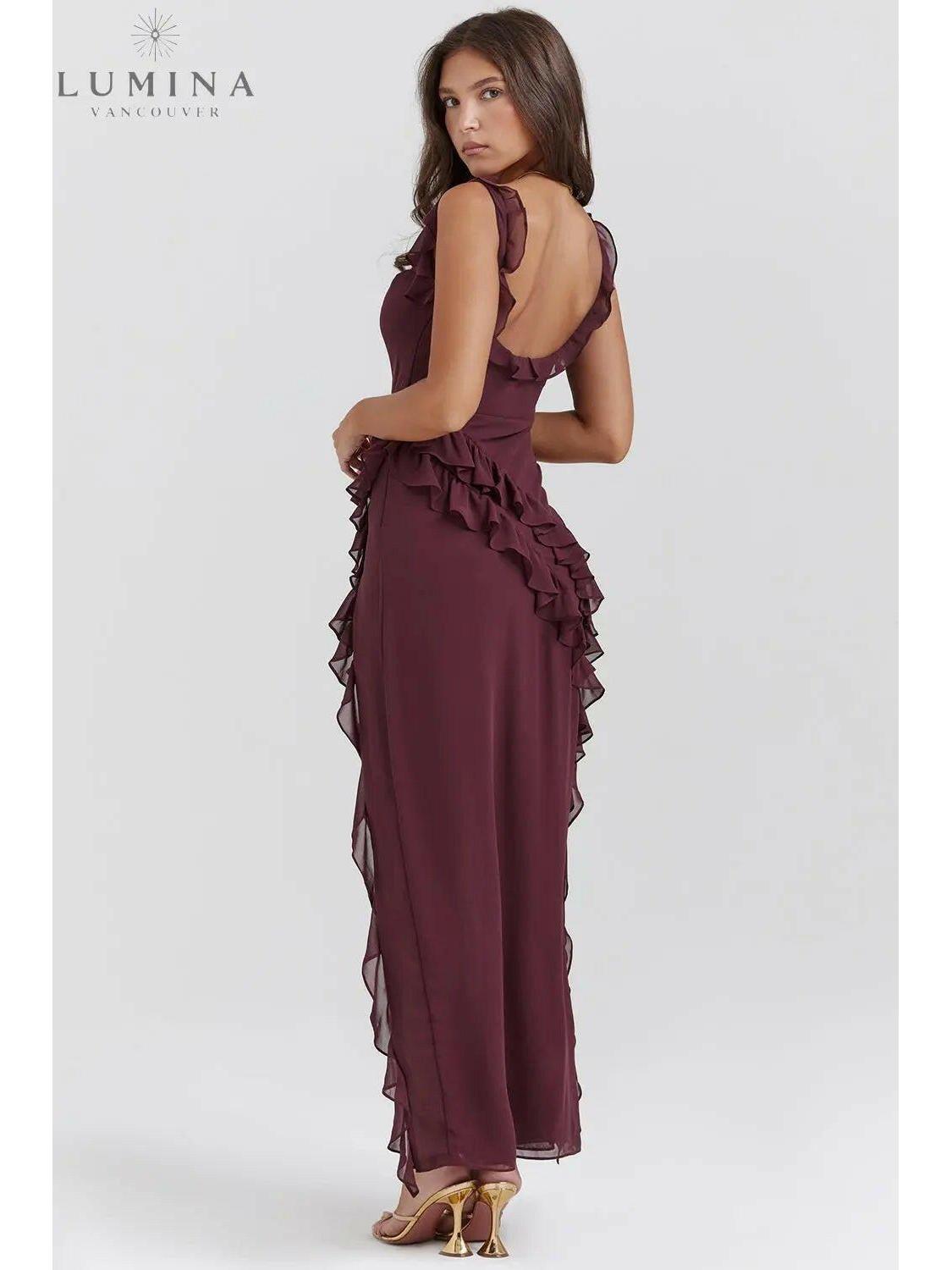 Beautiful brown Jacqueline maxi dress by Lumina Vancouver, showcasing a comfortable, flowing design perfect for casual wear.