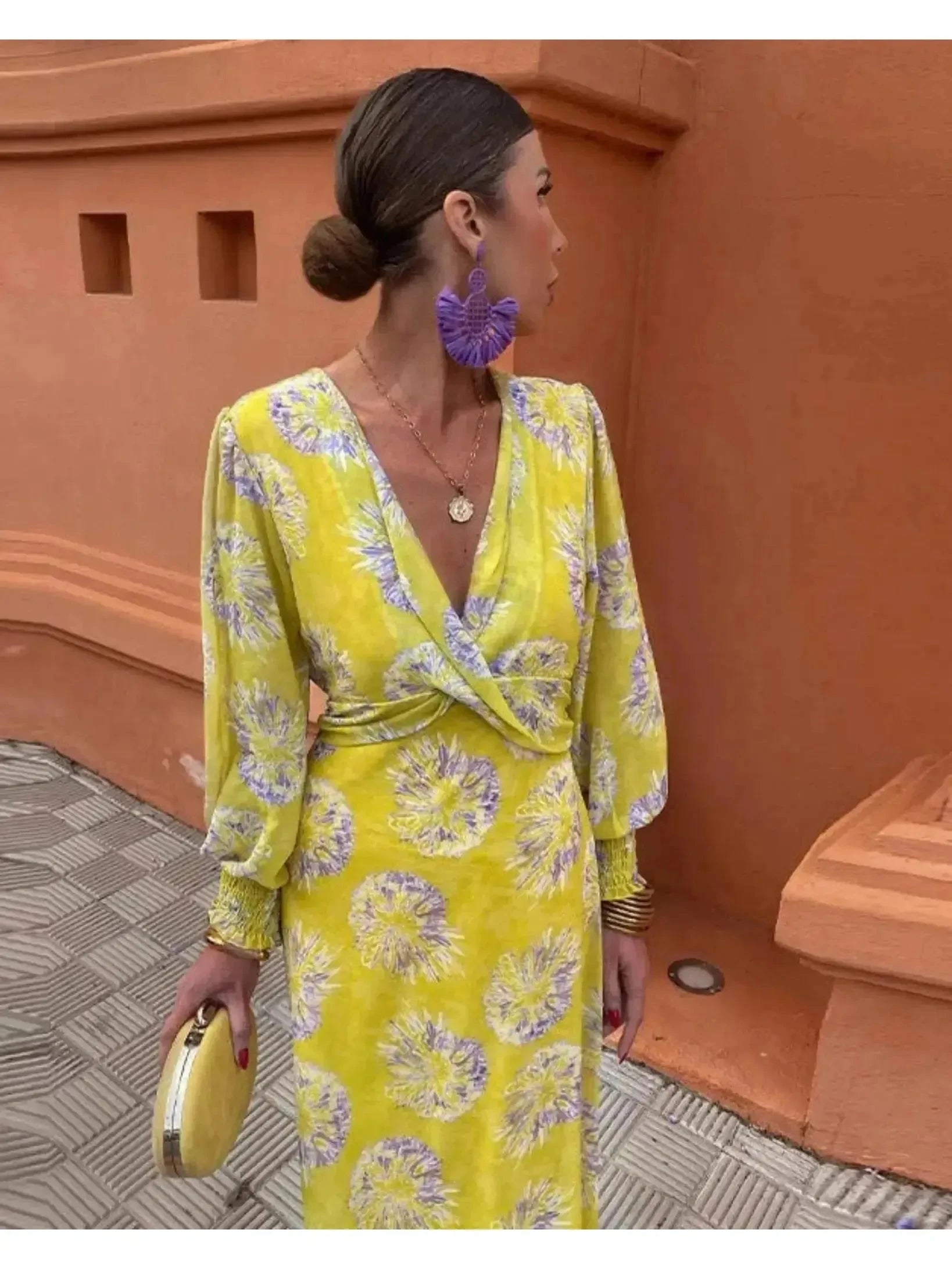 Yellow Delilah print twisted midi dress by Lumina Vancouver, featuring a stylish and comfortable design.