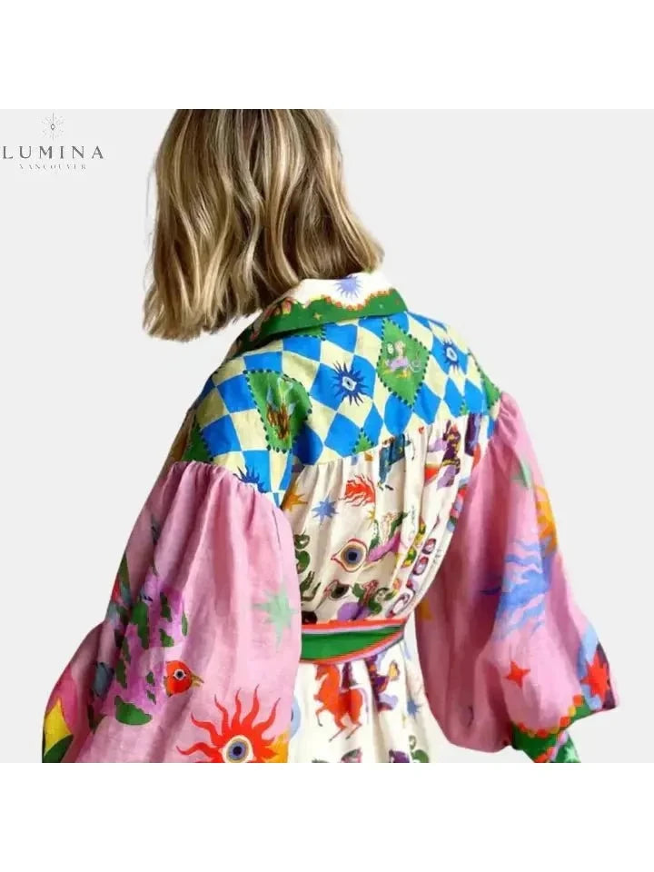 Lumina Vancouver Delphina Italian Maxi Dress in size S, flowing fabric, elegant design, and vibrant pattern.