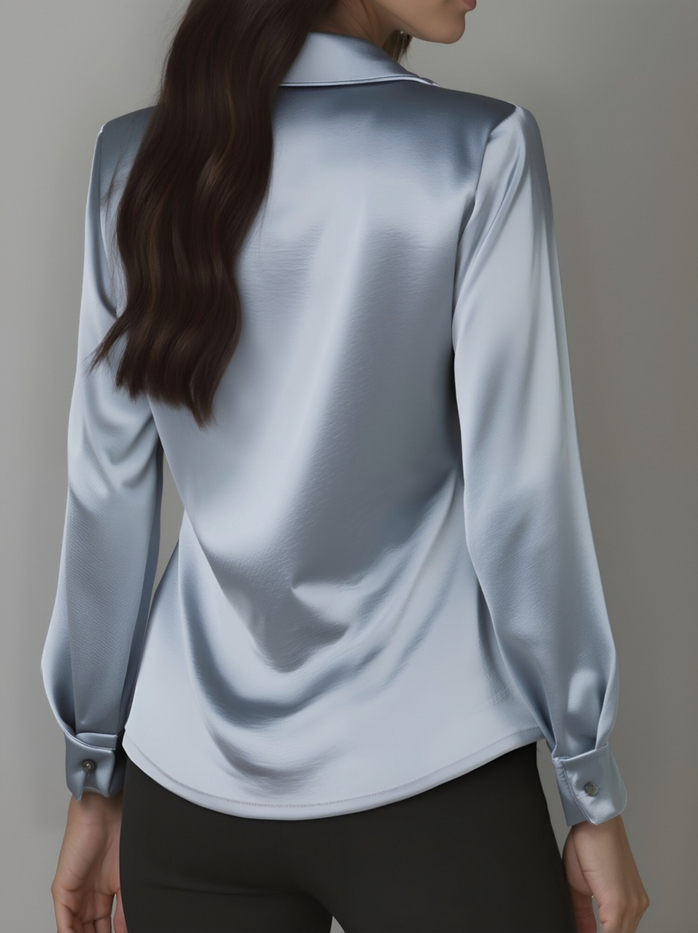 White satin draped blouse by Lumina Vancouver, model Delphine, shown in XS with elegant flowing fabric and classic neckline.