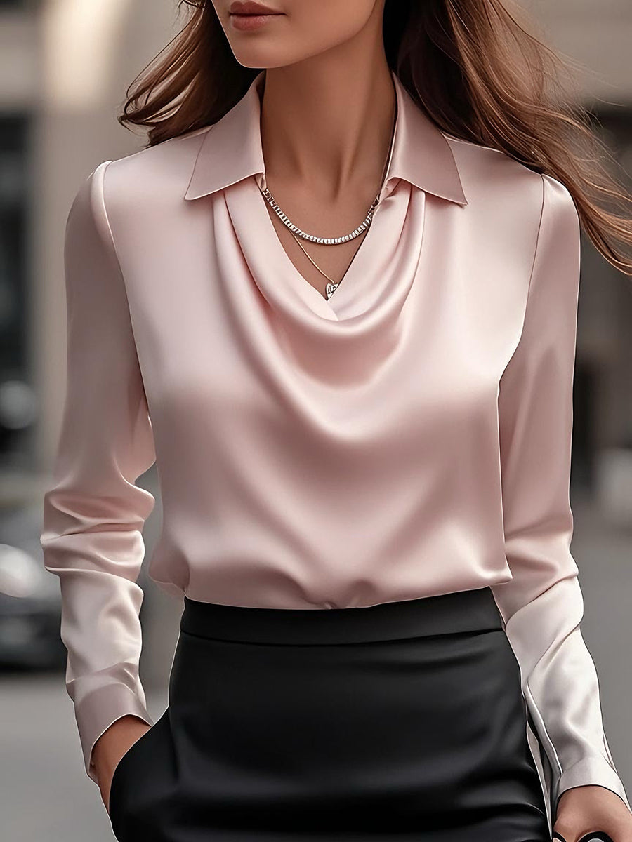 White Delphine satin draped blouse by Lumina Vancouver, featuring a stylish, elegant design perfect for casual or formal wear.