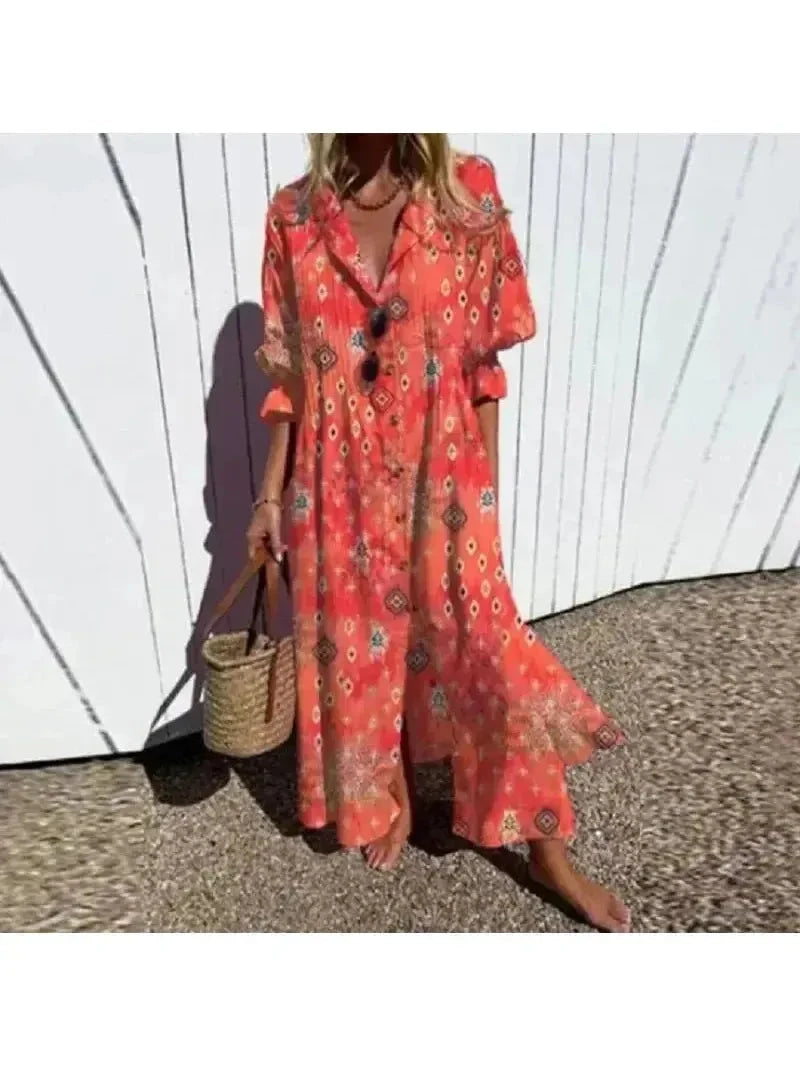 Colorful boho maxi-dress by Lumina Wear featuring a vibrant multi-color pattern and flowing silhouette.