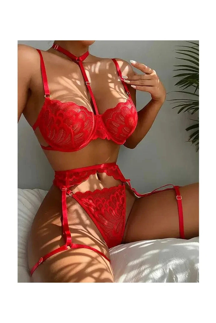 Black Devon 3-piece French lingerie set by Lumina Wear featuring lace bras and matching panties, elegant and stylish.
