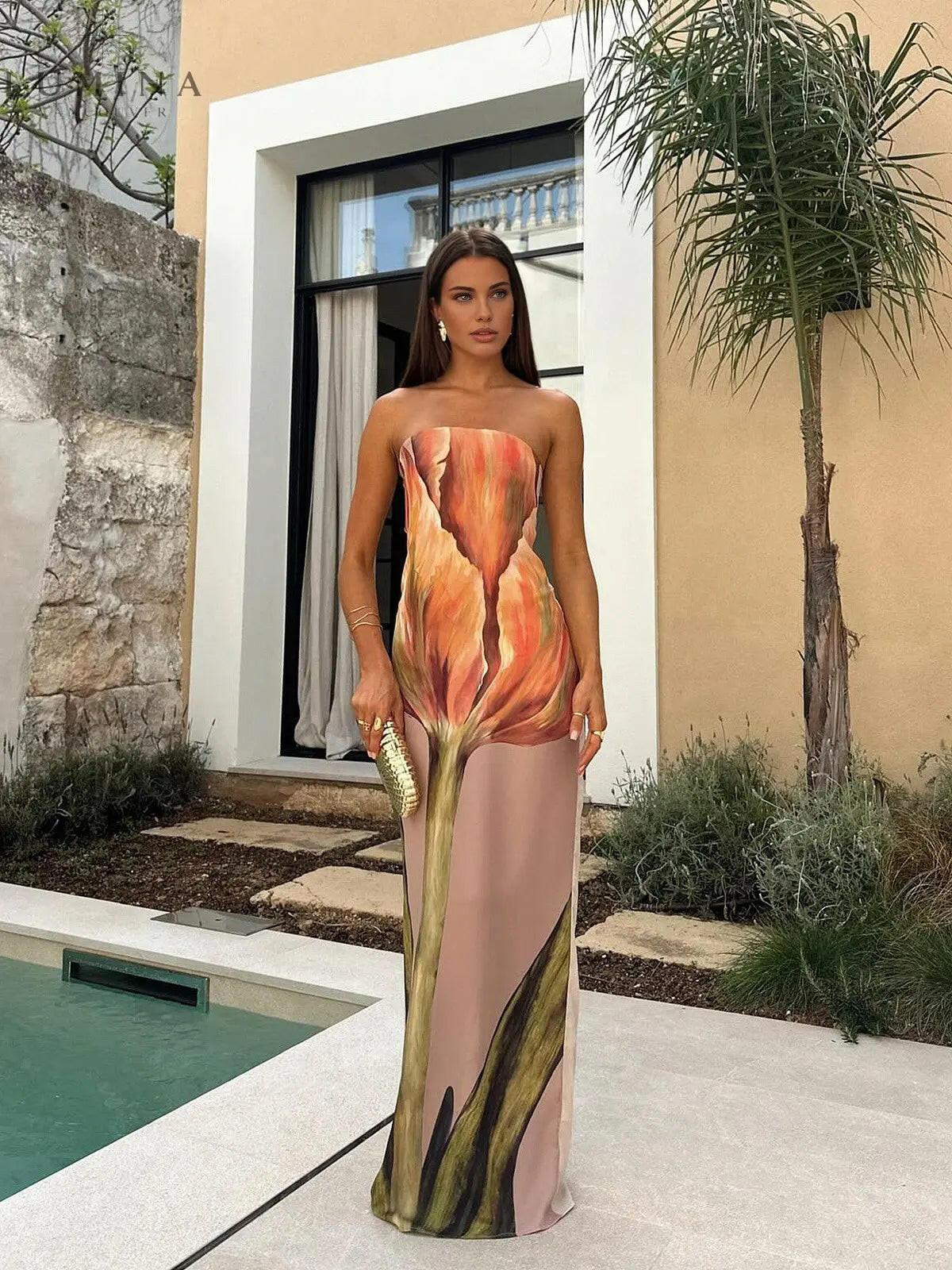 Dyantha floral print satin dress by Lumina Vancouver, perfect for holiday vibes, shown in a stylish, elegant design.