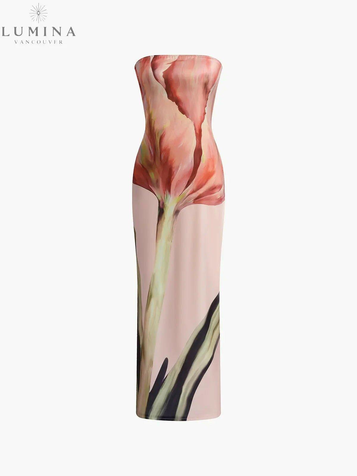 Dyantha floral print satin dress by Lumina Vancouver, perfect for holiday vibes, featuring vibrant floral patterns and elegant satin fabric.