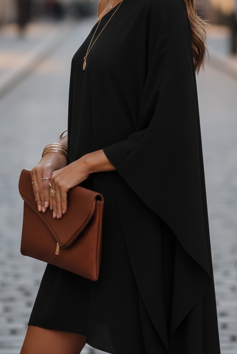 Black Eclipse Nightfall one-shoulder draped mini dress by Lumina Vancouver, showcasing elegant design and stylish fit.