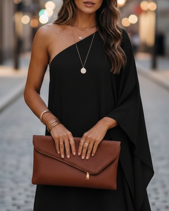 Black Eclipse Nightfall one-shoulder draped mini dress by Lumina Wear, featuring elegant asymmetrical design and stylish fit.