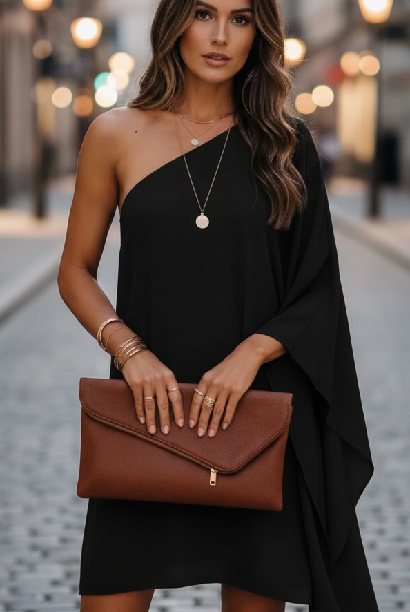Black Eclipse Nightfall one-shoulder draped mini dress by Lumina Vancouver, showcasing elegant asymmetrical design and sleek fabric.