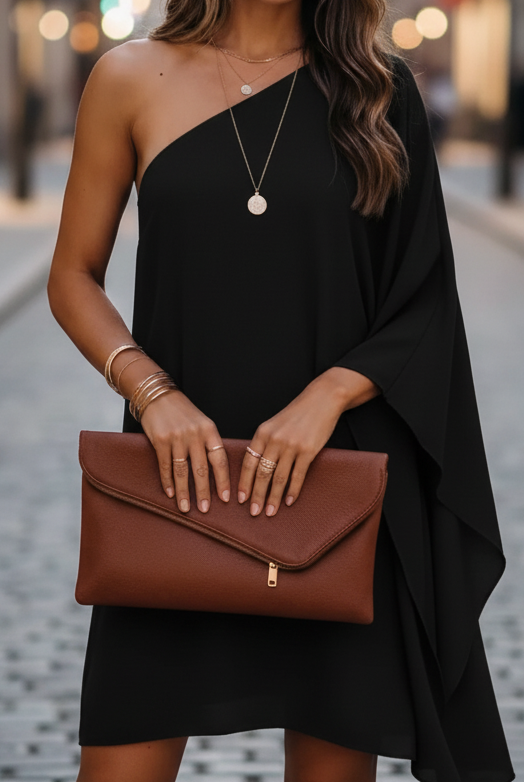 Black Eclipse Nightfall one-shoulder draped mini dress by Lumina Vancouver, showcasing elegant asymmetrical design.