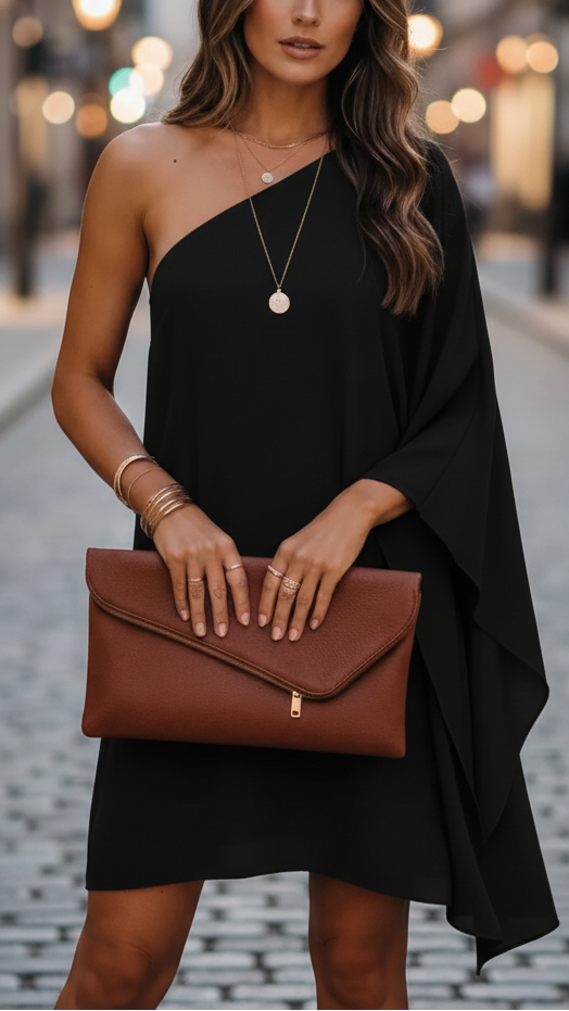 Black Eclipse Nightfall one-shoulder draped mini dress by Lumina Vancouver, showcasing elegant asymmetrical design.