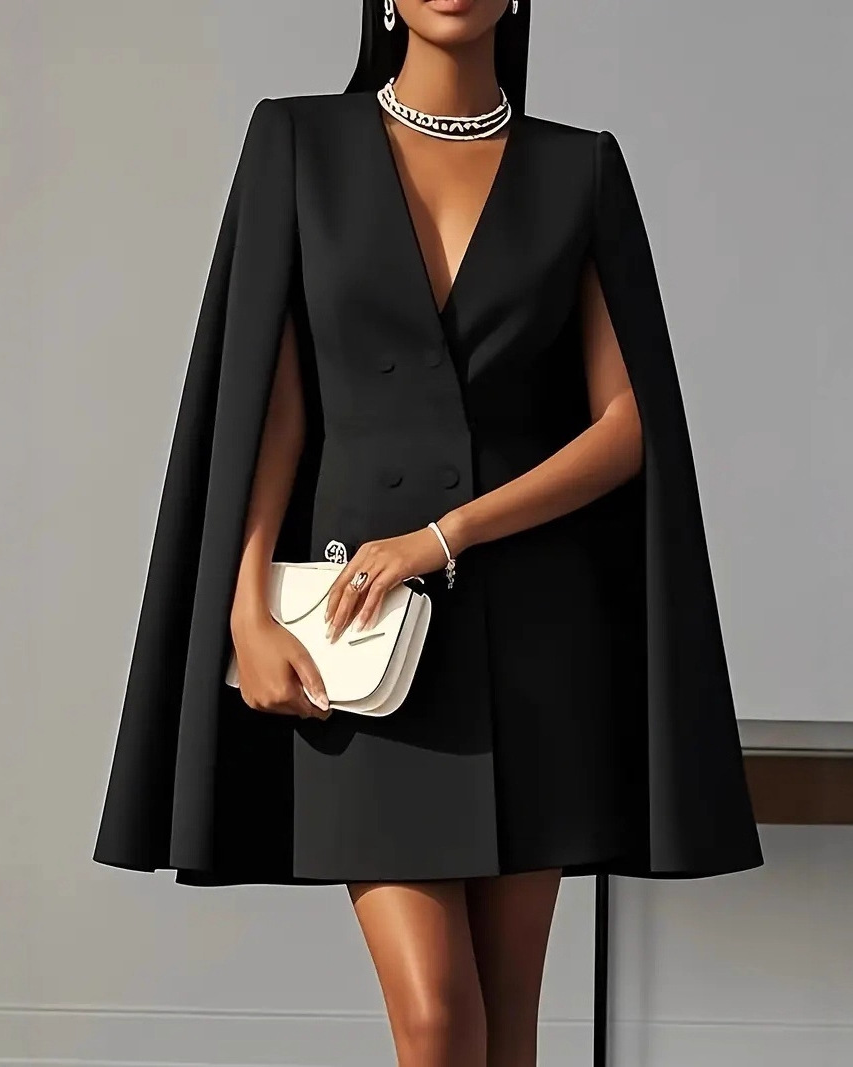 Elara Lumina Wear double-breasted cape mini dress in apricot, stylish short dress with a cape detail, showcased on a model.