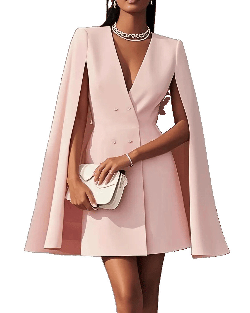 Lumina Wear Elara double-breasted cape mini dress in apricot, stylish short dress with cape detail for a chic look.