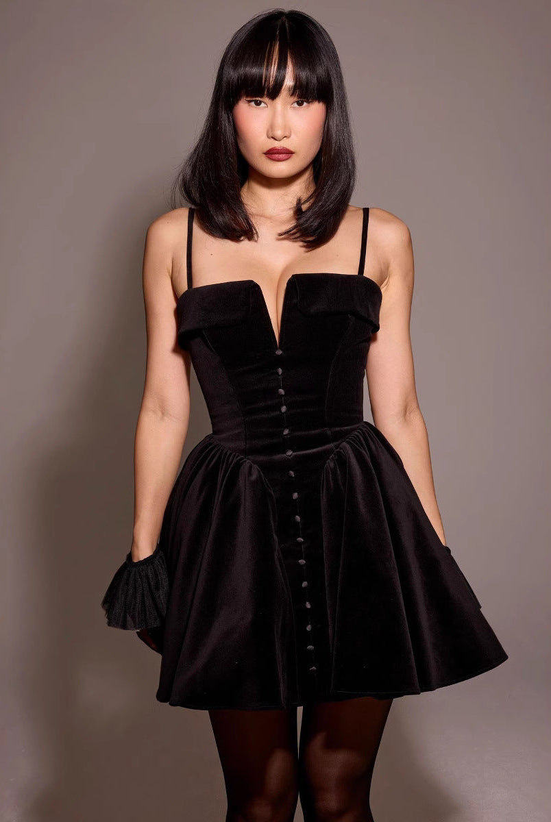 Black velvet Elara A-Line mini dress by Lumina Vancouver, shown in size XS with a stylish A-line silhouette.