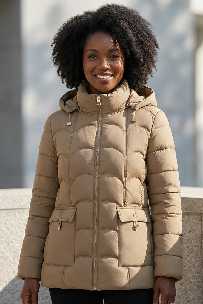 Brown Lumina Wear Eleanor sculpted belted hooded puffer jacket with scallop quilting, designed for women, size XS.