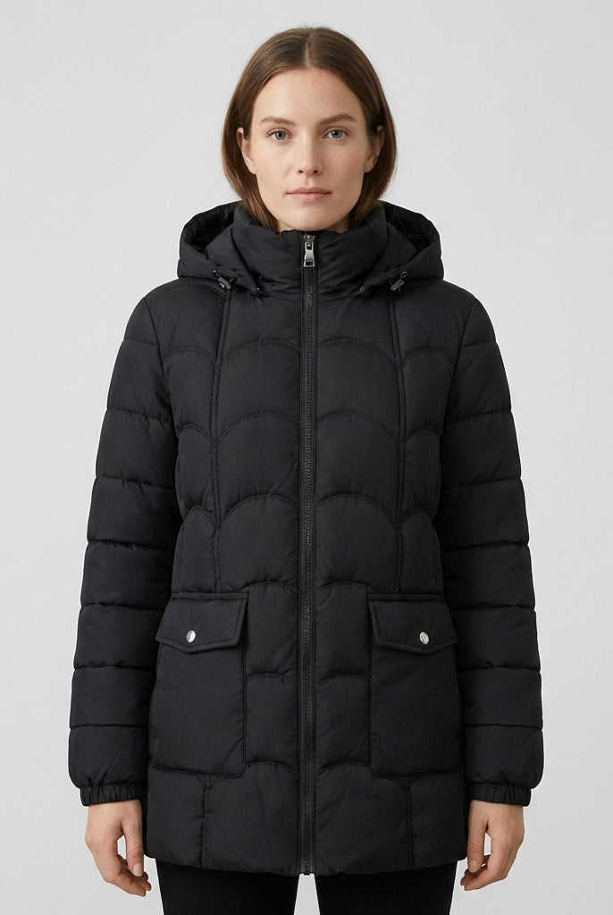 Women's brown Lumina Eleanor puffer jacket with hood, sculpted belt, and scallop quilting, perfect for cold weather.