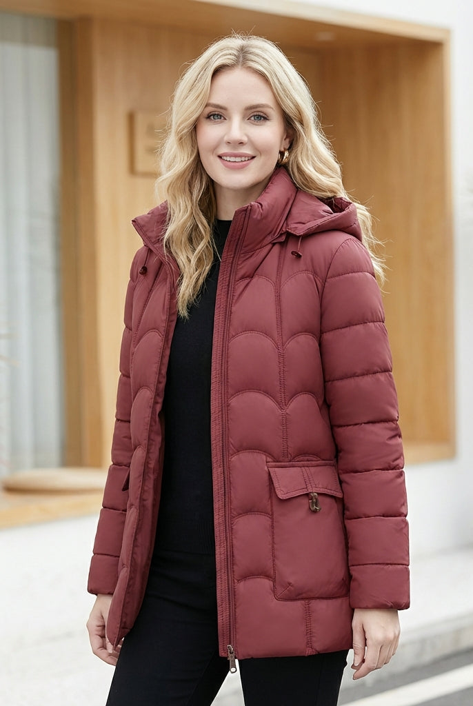 Brown Eleanor women's puffer jacket by Lumina Wear featuring a hood, sculpted belt, and scallop quilting.