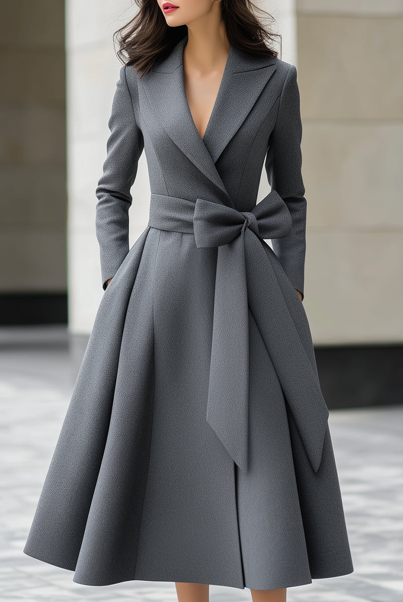 Yvette Lumina grey A-line coat dress with bow belt detail, stylish outerwear for elegant winter or fall wear.