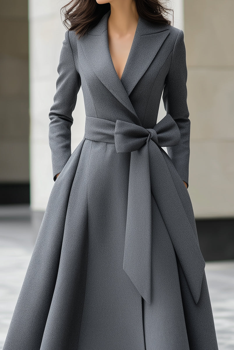 Grey Yvette A-line coat dress with bow belt detail by Lumina Vancouver, featuring a tailored silhouette and stylish design.