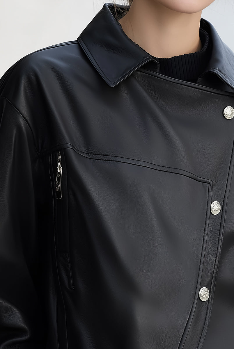 Black Cordelia asymmetrical faux leather jacket by Lumina Vancouver, shown on a model with a stylish, modern design.
