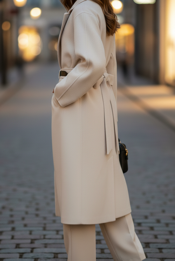Beige belted wrap coat from Lumina Vancouver featuring a stylish collar and comfortable fit, perfect for layering.