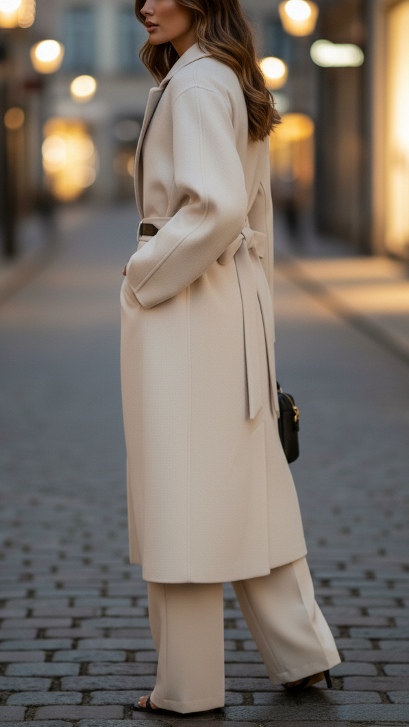 Beige belted wrap coat from Lumina Vancouver featuring a stylish collar and comfortable fit, perfect for layering.