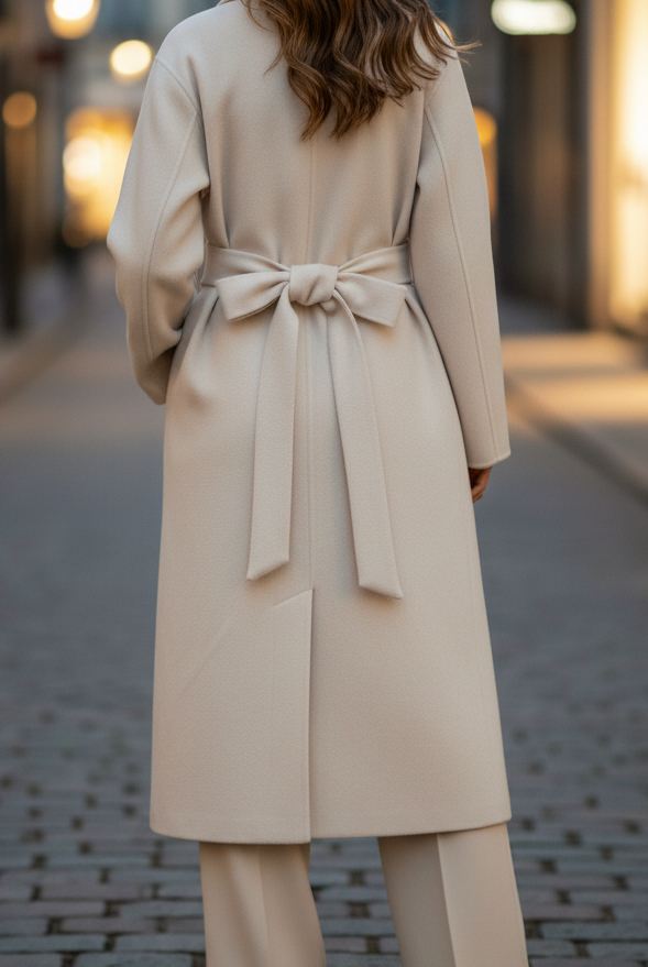 Elena Beige belted wrap coat by Lumina Vancouver, shown in XS size, featuring a classic design and neutral beige color.