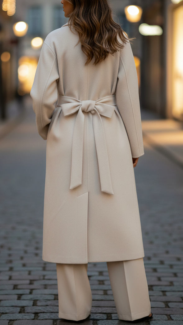 Elena Beige belted wrap coat by Lumina Vancouver, shown in XS size, featuring a classic design and neutral beige color.