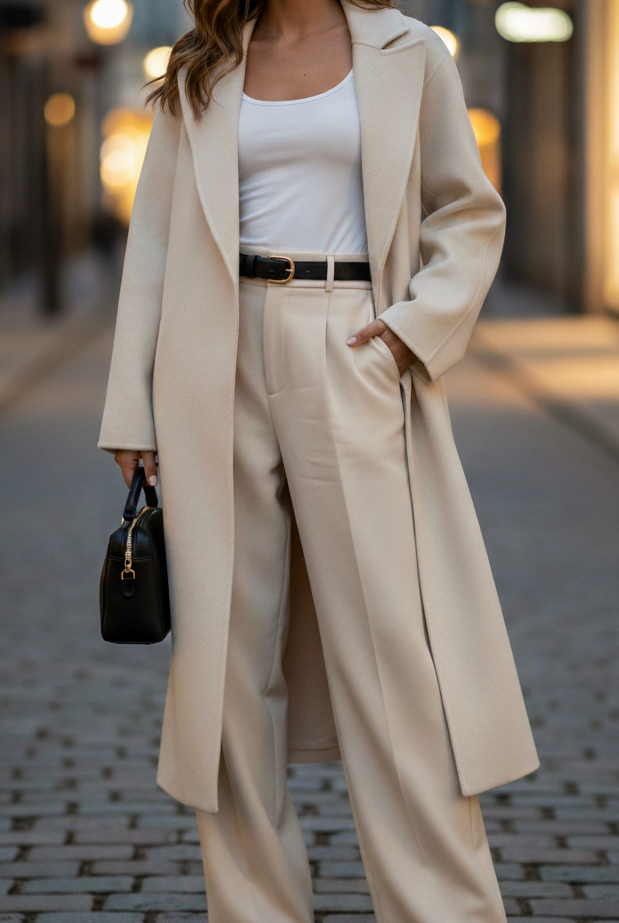 Bright beige belted wrap coat by Lumina Vancouver, featuring a stylish collar and tailored fit, perfect for layered winter looks.