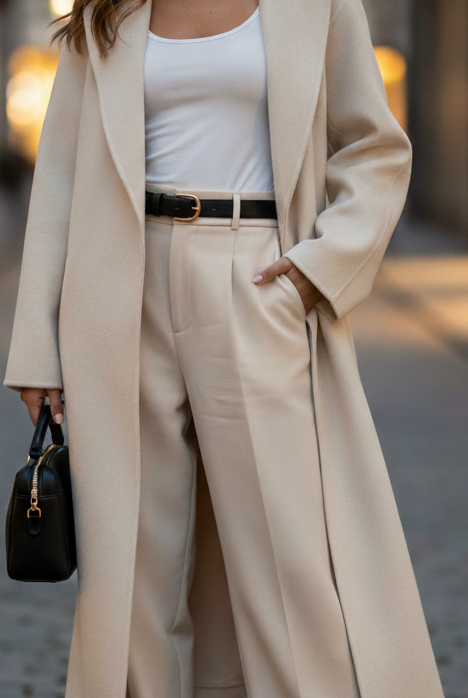 Elena beige belted wrap coat by Lumina Vancouver, shown on a model, featuring a stylish belted design and cozy fabric.