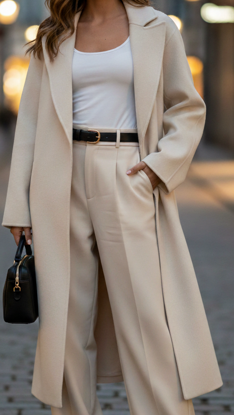 Elena beige belted wrap coat by Lumina Vancouver, shown on a model, featuring a stylish belted design and cozy fabric.