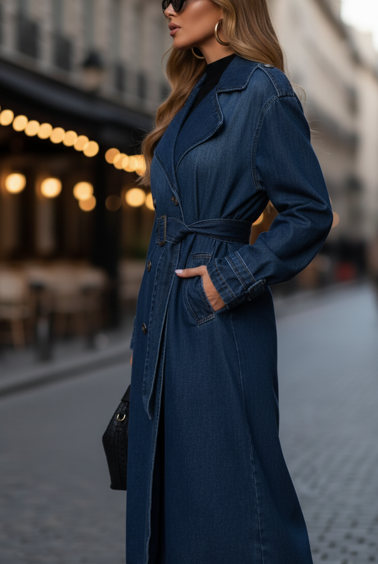 Blue Elena belted denim trench dress by Lumina Vancouver with gold buttons, shown on a model.