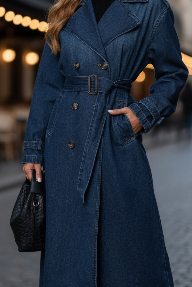 Blue Elena belted denim trench dress with gold buttons by Lumina Vancouver, shown on a model.