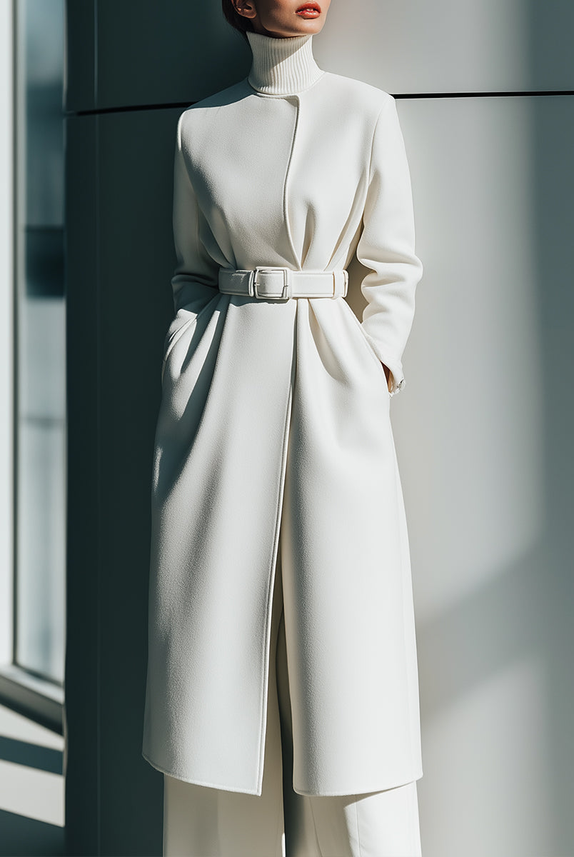 White Renee Lumina Vancouver belted minimalist wool coat with clean lines and tailored fit, shown on a model.