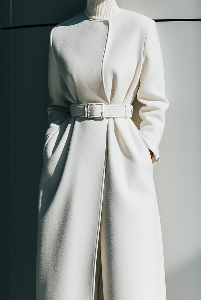 White belted minimalist wool coat by Lumina Vancouver, featuring a tailored fit and clean design for a chic winter look.