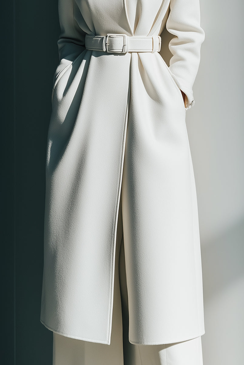White belted minimalist wool coat by Lumina Vancouver, showing the tailored design and belt detail on a model.