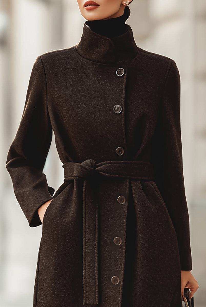 Brown Georgie belted wool blend maxi coat by Lumina Vancouver, shown on a model, featuring a stylish belted design and long length.
