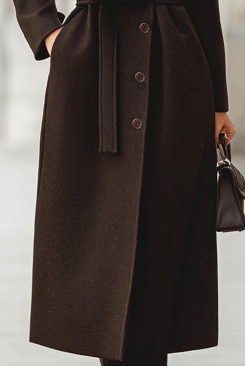 Brown Georgie belted wool blend maxi coat by Lumina Vancouver, shown on a model, featuring a stylish belt and tailored fit.