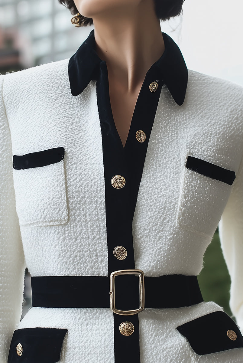 White Ginevra blazer jacket by Lumina Wear with black velvet collar, shown on a model, front view.