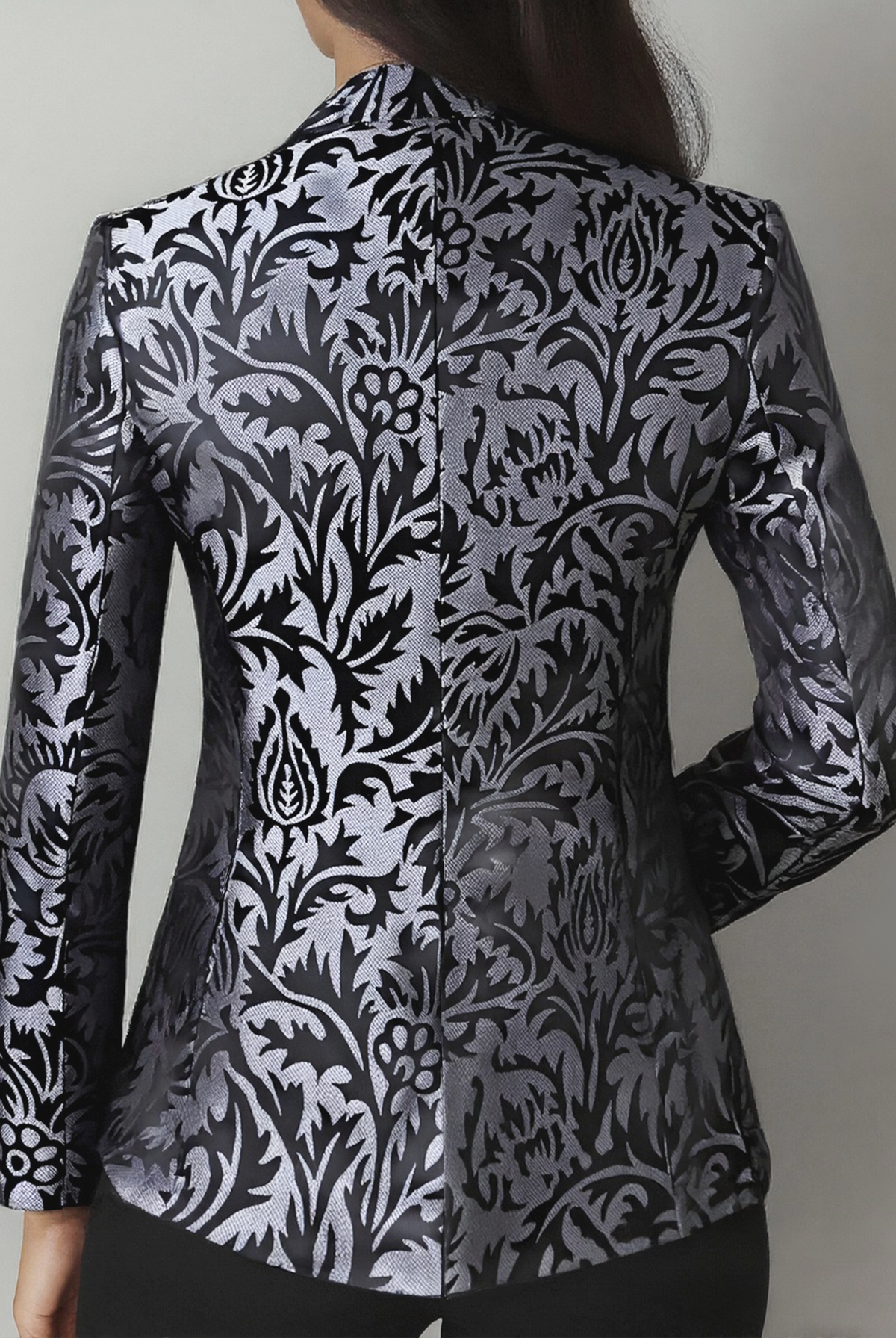 Black satin jacquard blazer by Lumina Wear featuring tailored fit and elegant design, displayed on a mannequin.