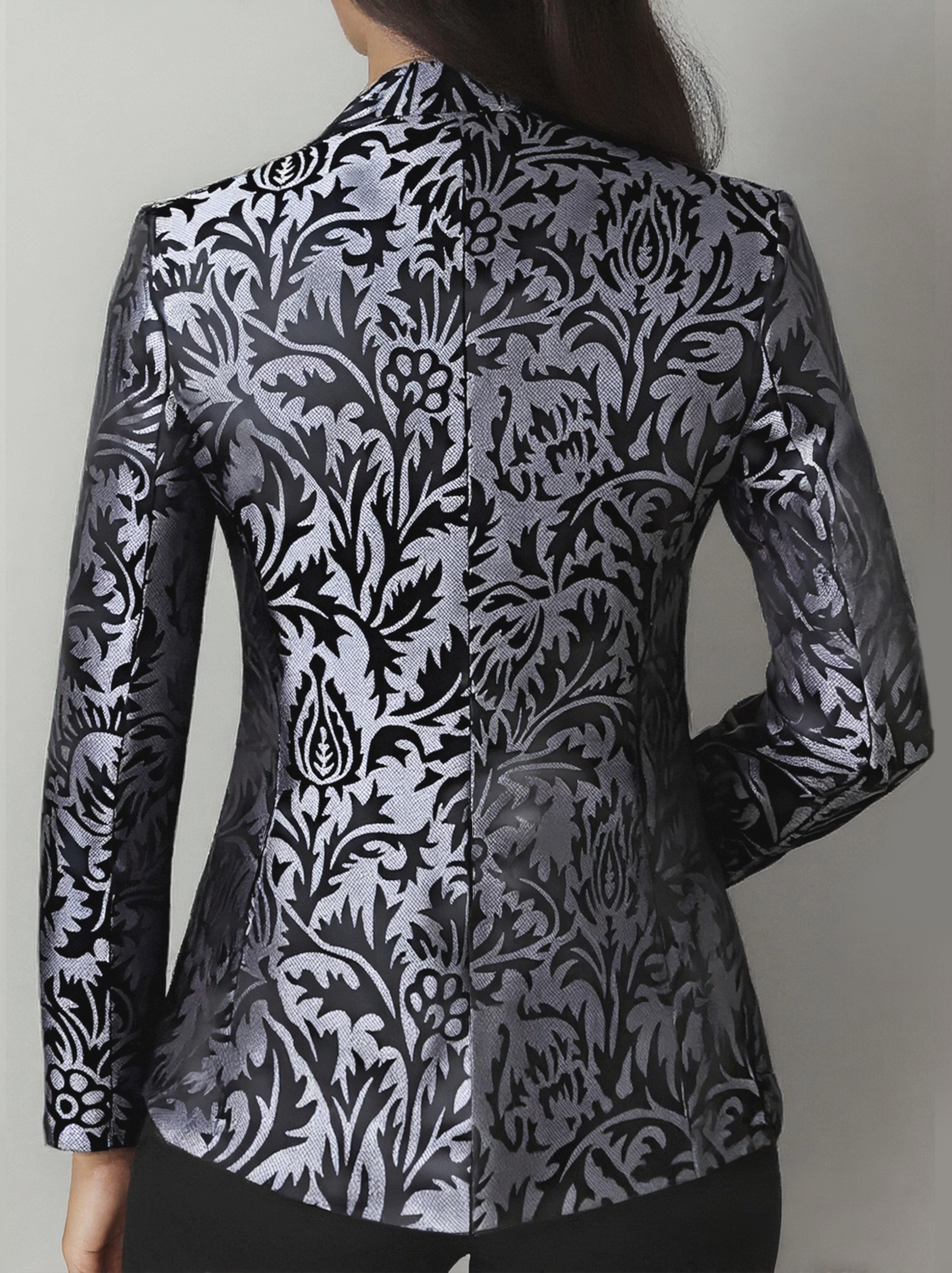 Black satin jacquard blazer by Lumina Wear featuring tailored fit and elegant design, displayed on a mannequin.